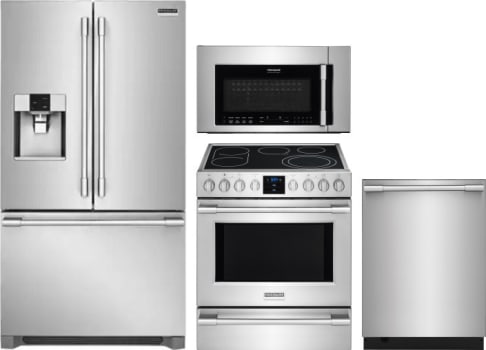 Frigidaire Frreradwmw10554 4 Piece Kitchen Appliances Package With French Door Refrigerator Electric Range Dishwasher And Over The Range Microwave In Stainless Steel