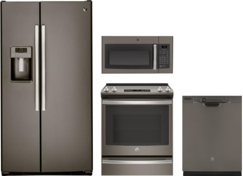 Ge Gereradwmw14122 4 Piece Kitchen Appliances Package With Side By Side Refrigerator Electric Range Dishwasher And Over The Range Microwave In Slate