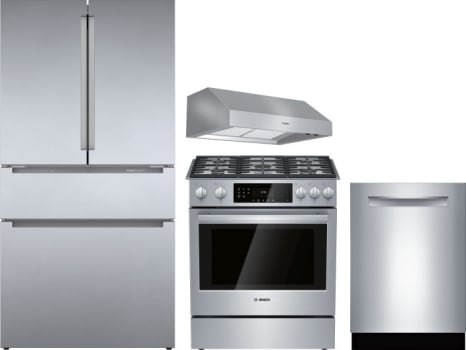 Bosch Borerarhdw28 4 Piece Kitchen Appliances Package With French Door Refrigerator Gas Range And Dishwasher In Stainless Steel