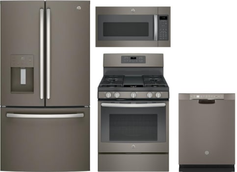 Ge Gereradwmw26795 4 Piece Kitchen Appliances Package With French Door Refrigerator Gas Range Dishwasher And Over The Range Microwave In Slate