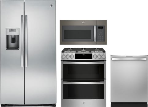 Ge Gereradwmw91513 4 Piece Kitchen Appliances Package With Side By Side Refrigerator Gas Range Dishwasher And Over The Range Microwave In Stainless Steel