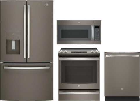 Ge Gereradwmw91597 4 Piece Kitchen Appliances Package With French Door Refrigerator Electric Range Dishwasher And Over The Range Microwave In Slate