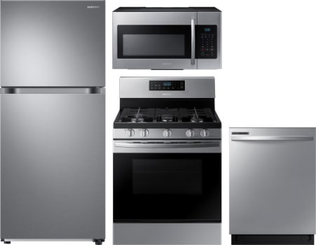 Samsung Sareradwmw8888 4 Piece Kitchen Appliances Package With Top Freezer Refrigerator Gas Range Dishwasher And Over The Range Microwave In Stainless Steel