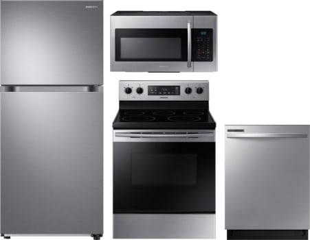 Samsung Sareradwmw8897 4 Piece Kitchen Appliances Package With Top Freezer Refrigerator Electric Range Dishwasher And Over The Range Microwave In Stainless Steel