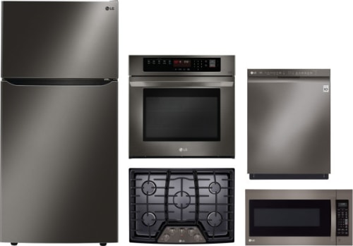 Lg Lgrectdwmw1005 5 Piece Kitchen Appliances Package With Top Freezer Refrigerator Dishwasher And Over The Range Microwave In Black Stainless Steel