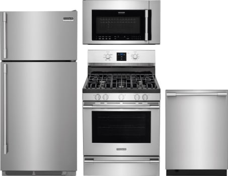 Frigidaire Frreradwmw88893 4 Piece Kitchen Appliances Package With Top Freezer Refrigerator Gas Range Dishwasher And Over The Range Microwave In Stainless Steel