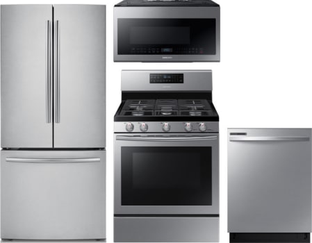 Samsung Sareradwmw12519 4 Piece Kitchen Appliances Package With French Door Refrigerator Gas Range Dishwasher And Over The Range Microwave In Stainless Steel
