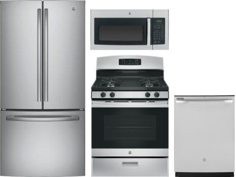 Ge Gereradwmw4007 4 Piece Kitchen Appliances Package With French Door Refrigerator Gas Range Dishwasher And Over The Range Microwave In Stainless Steel