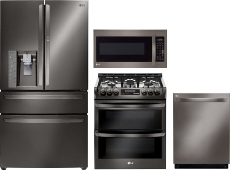 Lg Lgreradwmw5224 4 Piece Kitchen Appliances Package With French Door Refrigerator Gas Range Dishwasher And Over The Range Microwave In Black Stainless Steel
