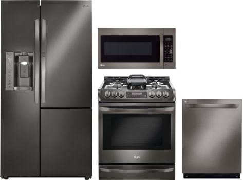 LG LGRERADWMW5323 4 Piece Kitchen Appliances Package with Side-by-Side  Refrigerator, Gas Range, Dishwasher and Over the Range Microwave in Black  Stainless Steel