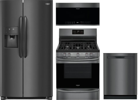 Frigidaire Frreradwmw12025 4 Piece Kitchen Appliances Package With Side By Side Refrigerator Gas Range Dishwasher And Over The Range Microwave In Black Stainless Steel