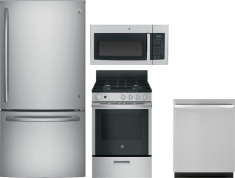 Ge Gereradwmw6516 4 Piece Kitchen Appliances Package With Bottom Freezer Refrigerator Gas Range Dishwasher And Over The Range Microwave In Stainless Steel