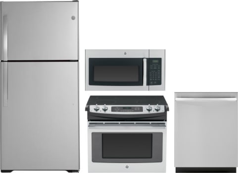 Ge Gereradwmw6534 4 Piece Kitchen Appliances Package With Top Freezer Refrigerator Electric Range Dishwasher And Over The Range Microwave In Stainless Steel