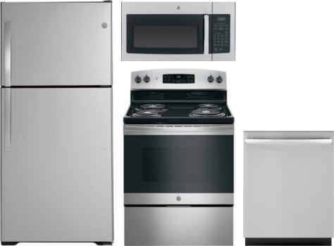 Ge Gereradwmw6535 4 Piece Kitchen Appliances Package With Top Freezer Refrigerator Electric Range Dishwasher And Over The Range Microwave In Stainless Steel