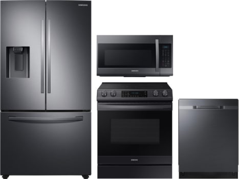 Samsung Sareradwmw9430 4 Piece Kitchen Appliances Package With Electric Range French Door Refrigerator Dishwasher And Over The Range Microwave In Black Stainless Steel