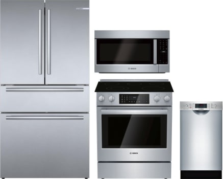 Bosch Boreradwmw7511 4 Piece Kitchen Appliances Package With French Door Refrigerator Electric Range Dishwasher And Over The Range Microwave In Stainless Steel
