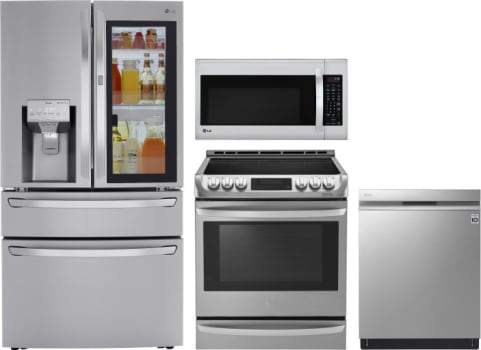 Lg Lgreradwmw5909 4 Piece Kitchen Appliances Package With French Door Refrigerator Electric Range Dishwasher And Over The Range Microwave In Stainless Steel