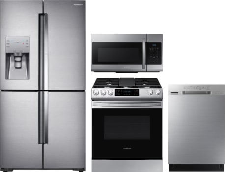 Samsung Sareradwmw8215 4 Piece Kitchen Appliances Package With French Door Refrigerator Gas Range Dishwasher And Over The Range Microwave In Stainless Steel