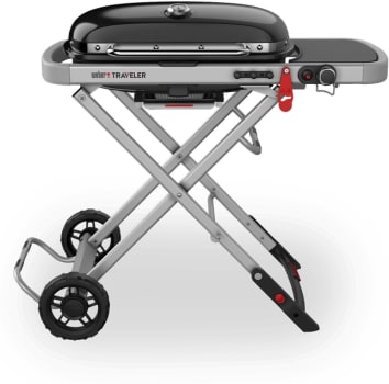 Weber 9011701 Weber Traveler RV Portable Gas Grill with 320 sq. in. Total  Cooking Area, Stainless Steel Burner, Cast-Iron Cooking Grates, Low-To-High  Temperature Range, One-Handed Setup & Fold, Side Table, Tool Hooks