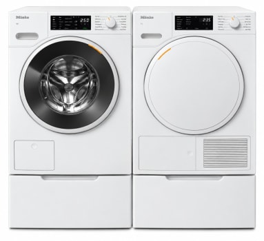 Miele MIWADRECS16011 - Side-by-Side on Pedestals Front Load Washer and Electric Dryer Set in White
