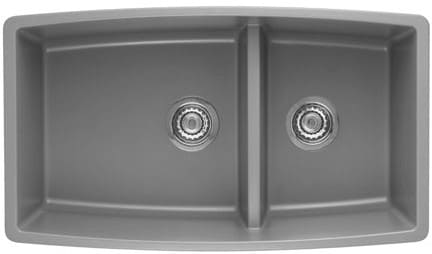 Blanco 441309 33 Inch Undermount Double Bowl Granite Sink With 10 Inch Bowl Depth 4 Inch Divider Depth 80 Solid Granite Heat Resistant Up To 536 F And Reversible Metallic Gray