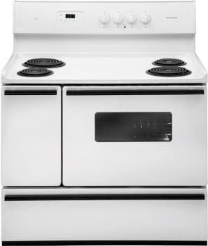 FRIGIDAIRE VINTAGE 40 INCH FREE STANDING ELECTRIC RANGE SINGLE OVEN 4  BURNER 2 LARGE 2 SMALL MANUAL CLEAN OVEN 2 STORAGE DRAWERS WHITE LOCATED IN  OUR PORTLAND OREGON APPLIANCE STORE SKU 17269