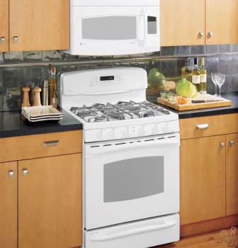 GE J2B918WEKWW 30 Inch Freestanding Double Oven Dual Fuel Range with Electric Convection Oven Lower Oven White on White