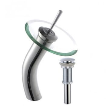 Kraus Vessel Mixer Series KGW1700PU10CHCL - Waterfall Bathroom Faucet with Clear Glass Disk and Pop-Up Drain in Chrome