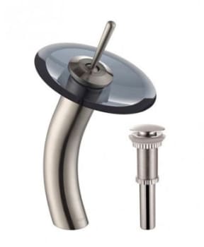 Kraus Vessel Mixer Series KGW1700PU10SNBLCL - Waterfall Bathroom Faucet with Clear Black Glass Disk and Pop-Up Drain in Satin Nickel