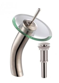 Kraus Vessel Mixer Series KGW1700PU10SNCL - Waterfall Bathroom Faucet with Clear Glass Disk and Pop-Up Drain in Satin Nickel