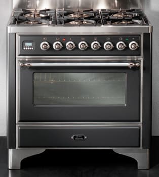 Ilve Um906mpm 36 Inch Freestanding Dual Fuel Range With 6 Sealed Burners 3 55 Cu Ft Capacity Convection Oven Manual Clean Rotisserie System Plate Warming Drawer And Brass Trim Matte Black