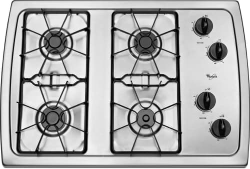 Whirlpool W3CG3014XS 30 Inch Gas Cooktop with 4 Sealed Burners Dishwasher Safe Grates AccuSimmer Burner Dishwasher Safe Knob Controls and ADA Compliant Stainless Steel