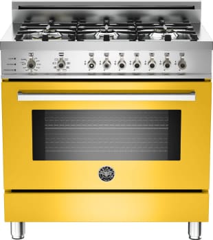 Bertazzoni Pro366dfsgi 36 Inch Pro Style Dual Fuel Range With 6 Sealed Brass Burners 4 0 Cu Ft Convection Oven Self Clean Infrared Broiler And Telescopic Glide Shelf Yellow Natural Gas