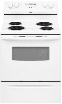 Whirlpool Rf114pxsq 30 Inch Freestanding Electric Range With 4 Coil Elements 4 8 Cu Ft Manual Clean Oven Clock Timer Custom Broil And Storage Drawer White On White
