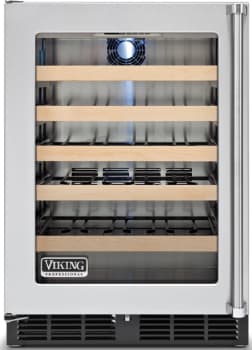 Viking Vwci1240glss 24 Inch Undercounter Wine Cellar With 45 Bottle Capacity 5 Full Extension Shelves Forced Air Cooling 700 Btu Compressor Led Lighting And Stainless Steel Cabinet Left Hinge Door Swing