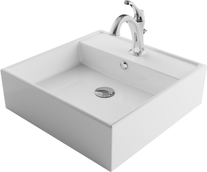 Kraus Elavo Series CKCV1501201CH - Square Vessel 18 1/2" Ceramic Bathroom Sink in White w/ Arlo Faucet and Lift Rod Drain in Chrome
