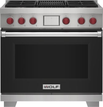 Wolf M Series DF36450CBKPLP - 36 Inch Freestanding Dual Fuel Smart Range in Front View