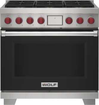 Wolf M Series DF36650BKP - 36 Inch Freestanding Dual Fuel Smart Range in Front View