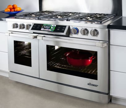 Dacor Dyrp48dsng 48 Inch Slide In Dual Fuel Range With 5 2 Cu Ft True Convection Oven 2 8 Cu Ft Secondary Oven 6 Sealed Burners 18 000 Btu Burner Output Discovery Iq Controller And Greenclean Stainless Steel