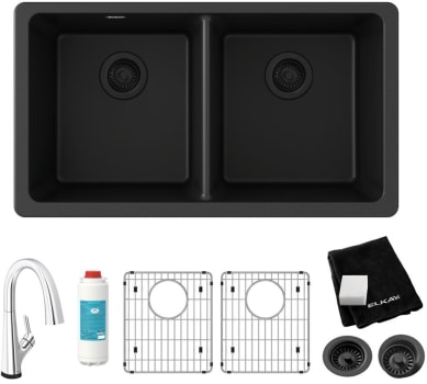 Elkay Quartz Classic ELGU3322BK0FLC - 18 1/2 Inch Undermount Double Bowl Kitchen Sink with Filtered Faucet and Accessories
