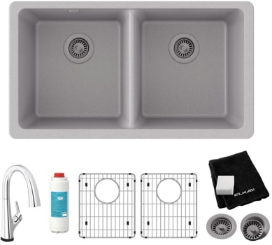 Elkay Quartz Classic ELGU3322GS0FLC - 18 1/2 Inch Undermount Double Bowl Kitchen Sink with Filtered Faucet and Accessories