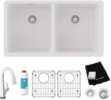 Elkay Quartz Classic ELGU3322WH0FLC - 18 1/2 Inch Undermount Double Bowl Kitchen Sink with Filtered Faucet and Accessories