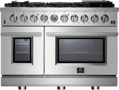 Forno FFSGS623948 48 Inch Freestanding Gas Range with 8 Sealed Burners,  Double Oven, 6.58 cu. ft. Total Oven Capacity, Continuous Grates, True  European Convection, Illuminated Zinc Cast Knobs, Magic Eyes, Grill,  Griddle