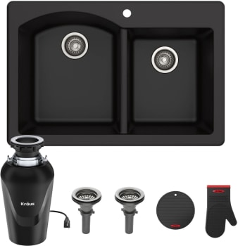 Kraus Forteza Series KGD50BL10075MB - 33" Undermount Double Basin Granite Kitchen Sink with Basket Strainer and Garbage Disposal