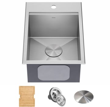 Kraus KWT31115316 - 15 Inch Top Mount Workstation Single Bowl Stainless Steel Outdoor Rated Kitchen Sink