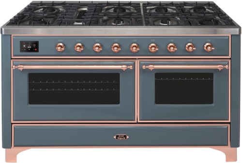 Ilve Majestic II Collection UM15FDNS3BGPLP - Majestic II 60 Inch Dual Fuel Natural Gas Freestanding Range in Blue Grey with Copper Trim