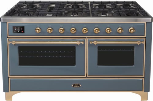 Ilve Majestic II Collection UM15FDNS3BGGLP - Majestic II 60 Inch Dual Fuel Natural Gas Freestanding Range in Blue Grey with Brass Trim