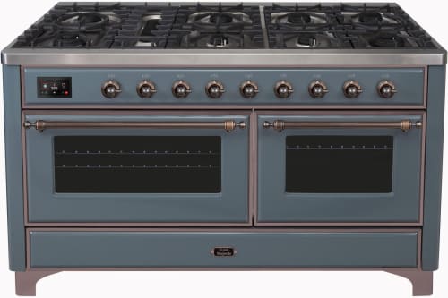 Ilve Majestic II Collection UM15FDNS3BGBLP - Majestic II 60 Inch Dual Fuel Natural Gas Freestanding Range in Blue Grey with Bronze Trim