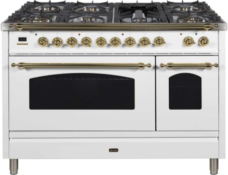 Ilve Nostalgie Collection UPN120FDMPBNG - Nostalgie 48 Inch Dual Fuel Natural Gas Freestanding Range in White with Brass Trim