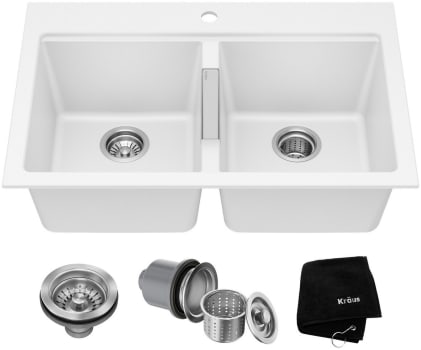 Kraus Quarza Series KGD433BWHITE - 33” Granite Drop In / Undermount 50/50 Double Bowl White Kitchen Sink